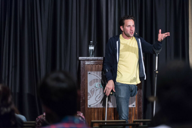 Paralympic skier Josh Sundquist speaks at Colorado State University about adversity during National Disability Employment Awareness Month. October 27, 2015